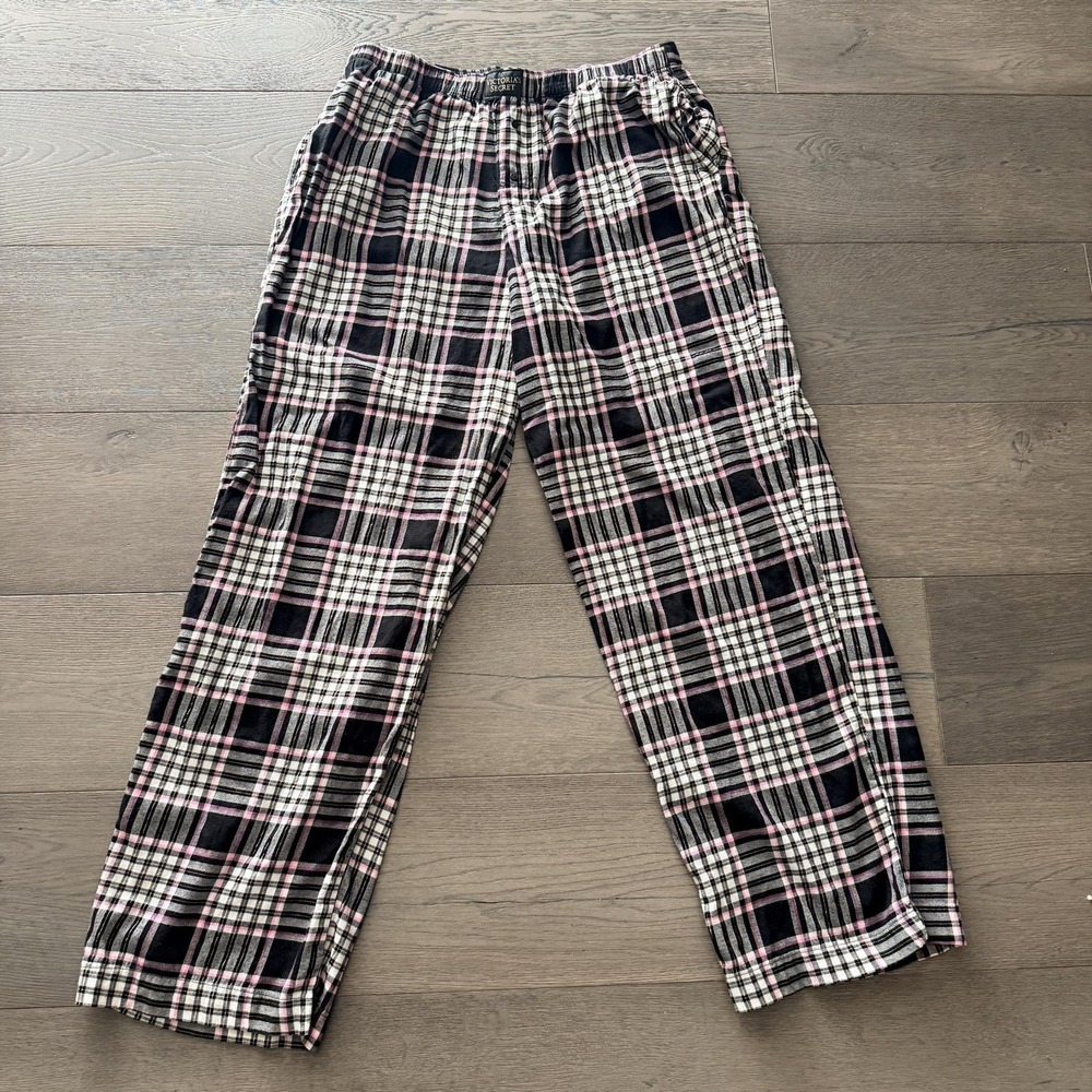 Victoria's Secret Pajama Pants Womens Large Black‎ Pink Plaid Flannel Lounge